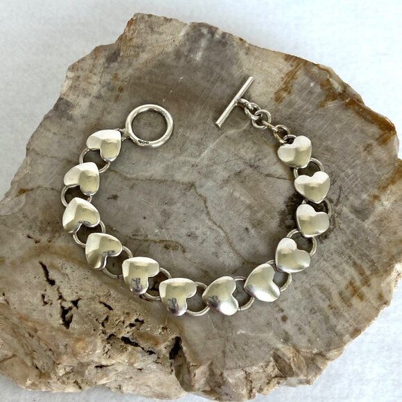 Solid Sterling Silver 925 Stacking Heart Link Toggle Clasp Bracelet Sz 6.5" 20g - Picture 4 of 16